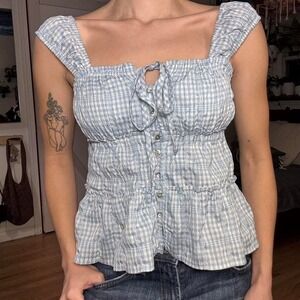 Rewind Gingham Smocked Peplum Top Blue White Plaid Tie Neck XS